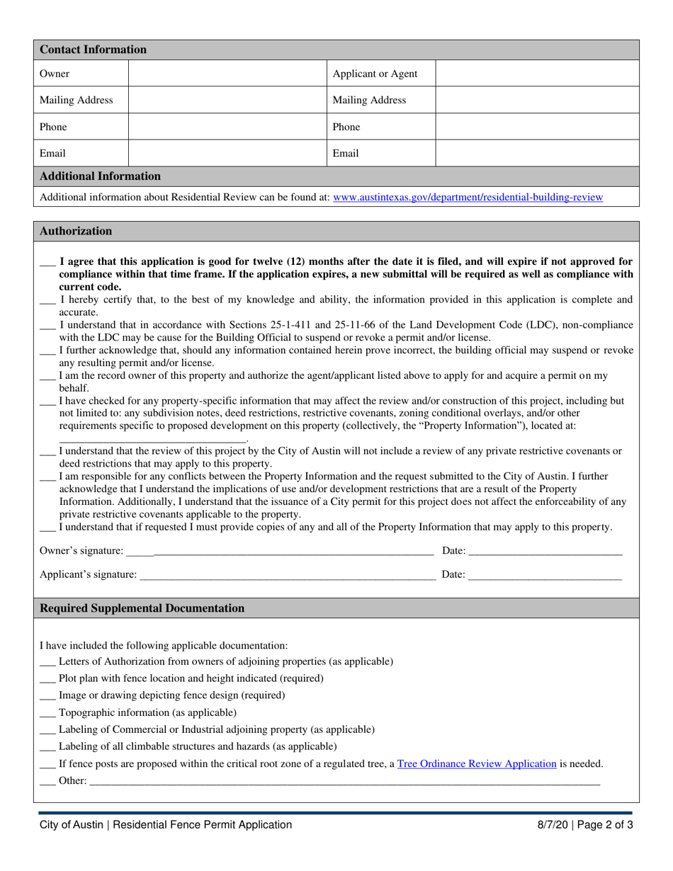 City Of Austin, Texas Residential Fence Permit Application - Fill Out ...