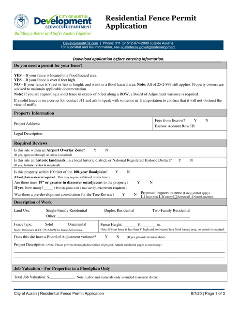 Residential Fence Permit Application - City of Austin, Texas Download Pdf