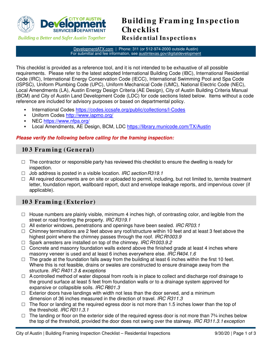 Building Framing Inspection Checklist - Residential Inspections - City of Austin, Texas, Page 1