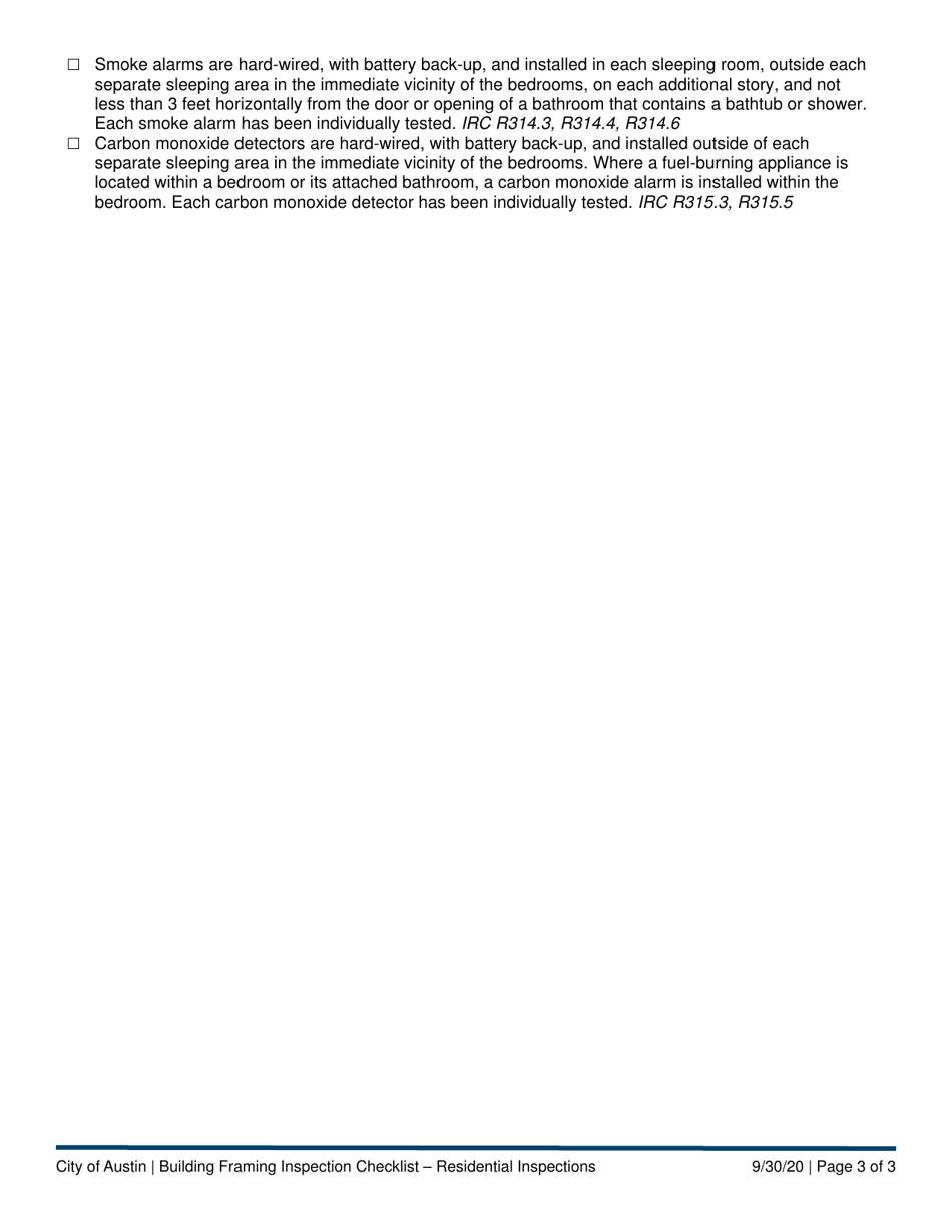 Building Framing Inspection Checklist - Residential Inspections - City of Austin, Texas, Page 3