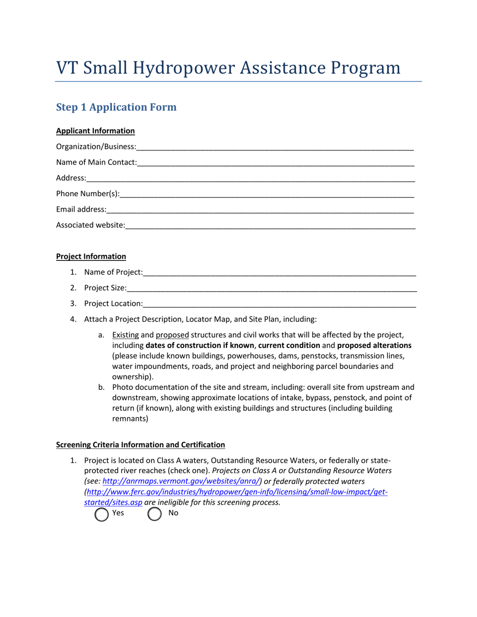 Vt Small Hydropower Assistance Program Application Form - Vermont, Page 1
