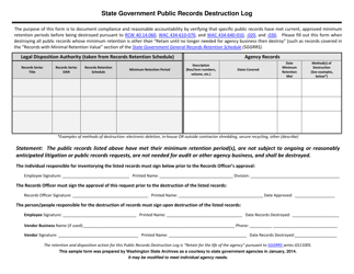 Document preview: State Government Public Records Destruction Log - Washington