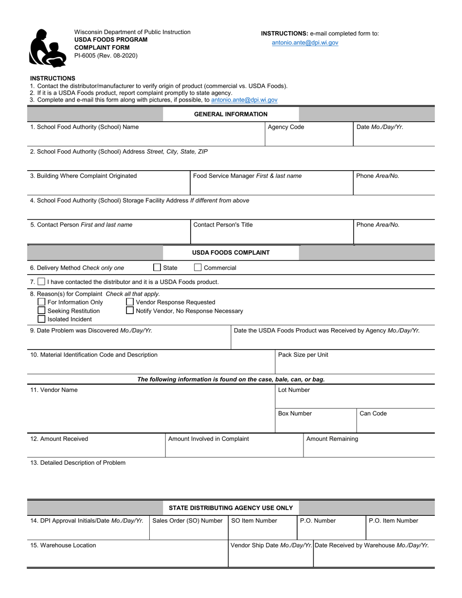 Form PI-6005 Complaint Form - Usda Foods Program - Wisconsin, Page 1