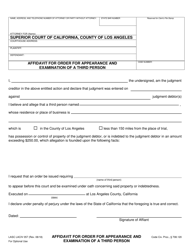 Document preview: Form LASC LACIV057 Affidavit for Order for Appearance and Examination of a Third Person - County of Los Angeles, California