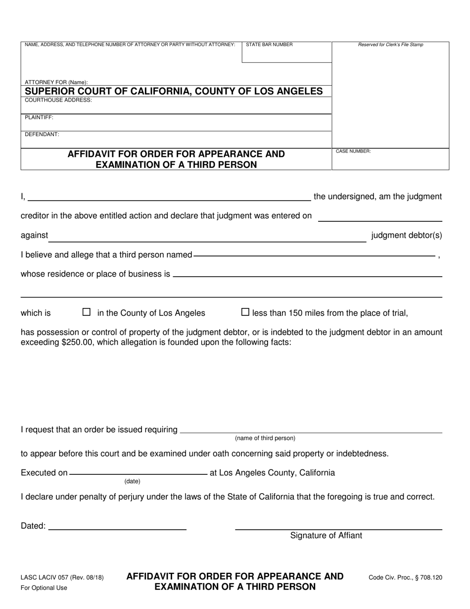 Form LASC LACIV057 Affidavit for Order for Appearance and Examination of a Third Person - County of Los Angeles, California, Page 1