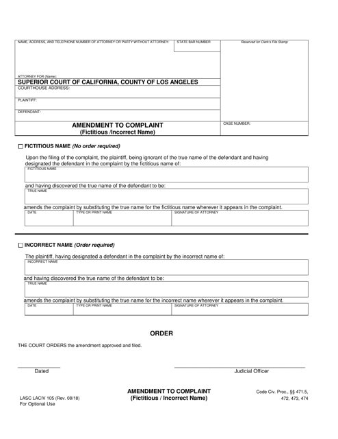 Form LASC LACIV105 Amendment to Complaint (Fictitious/Incorrect Name) - County of Los Angeles, California