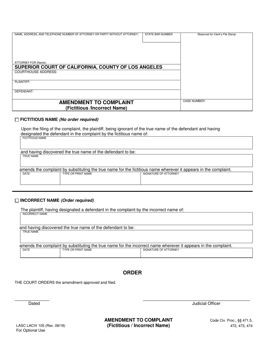 Form LASC LACIV105 Amendment to Complaint (Fictitious / Incorrect Name) - County of Los Angeles, California, Page 1