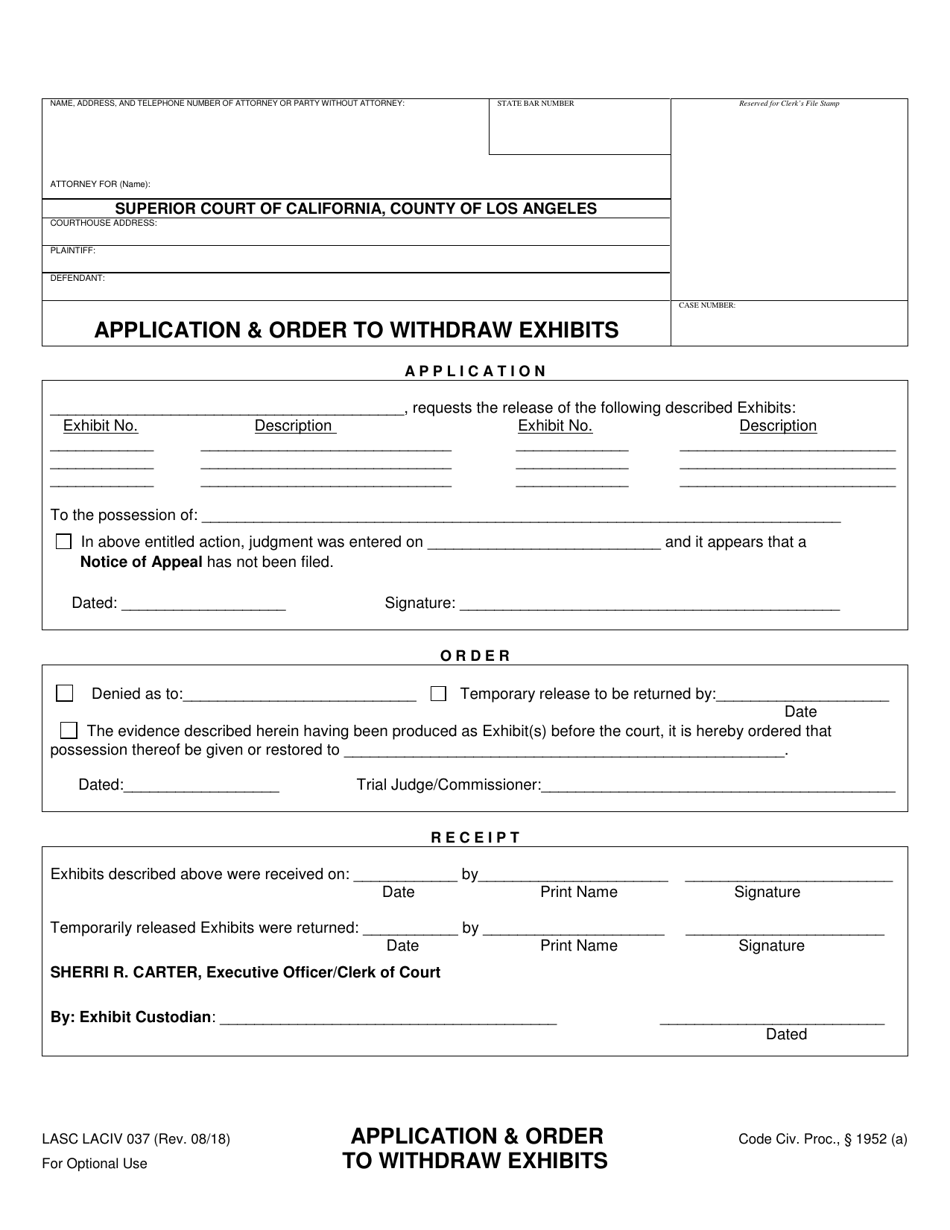 Form LASC LACIV037 Application  Order to Withdraw Exhibits - County of Los Angeles, California, Page 1