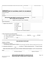 Form LASC LACIV054 Application and Order to Vacate Stay of Execution and to Issue Writ of Execution - County of Los Angeles, California