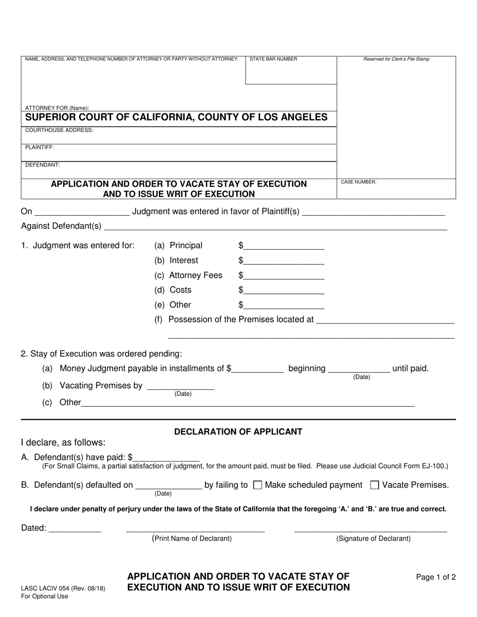 Form LASC LACIV054 Application and Order to Vacate Stay of Execution and to Issue Writ of Execution - County of Los Angeles, California, Page 1