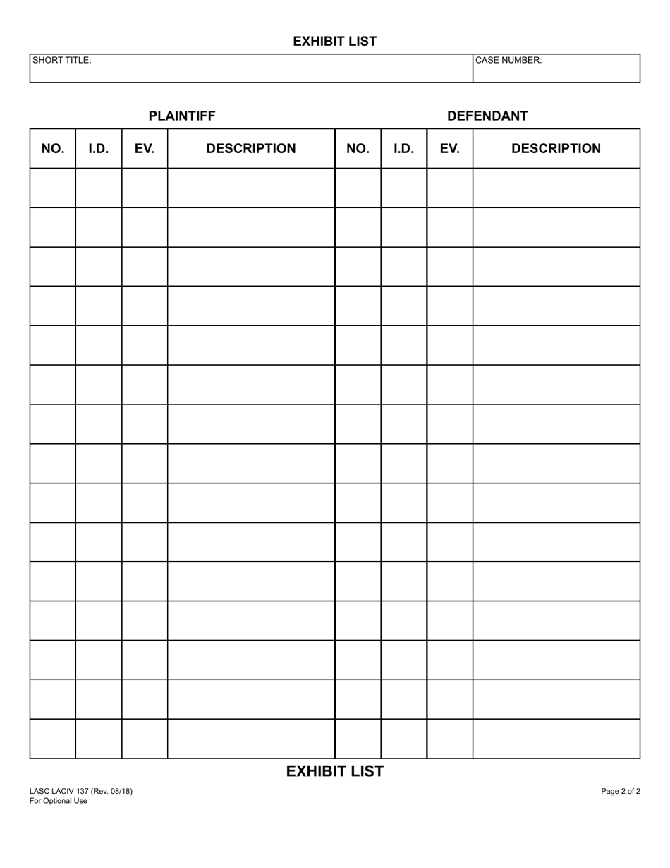 Form LASC LACIV137 Exhibit List - County of Los Angeles, California, Page 2
