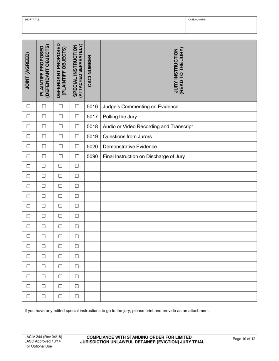 Form LACIV244 Compliance With Standing Order for Limited Jurisdiction Unlawful Detainer (Eviction) Jury Trial Readiness - County of Los Angeles, California, Page 10