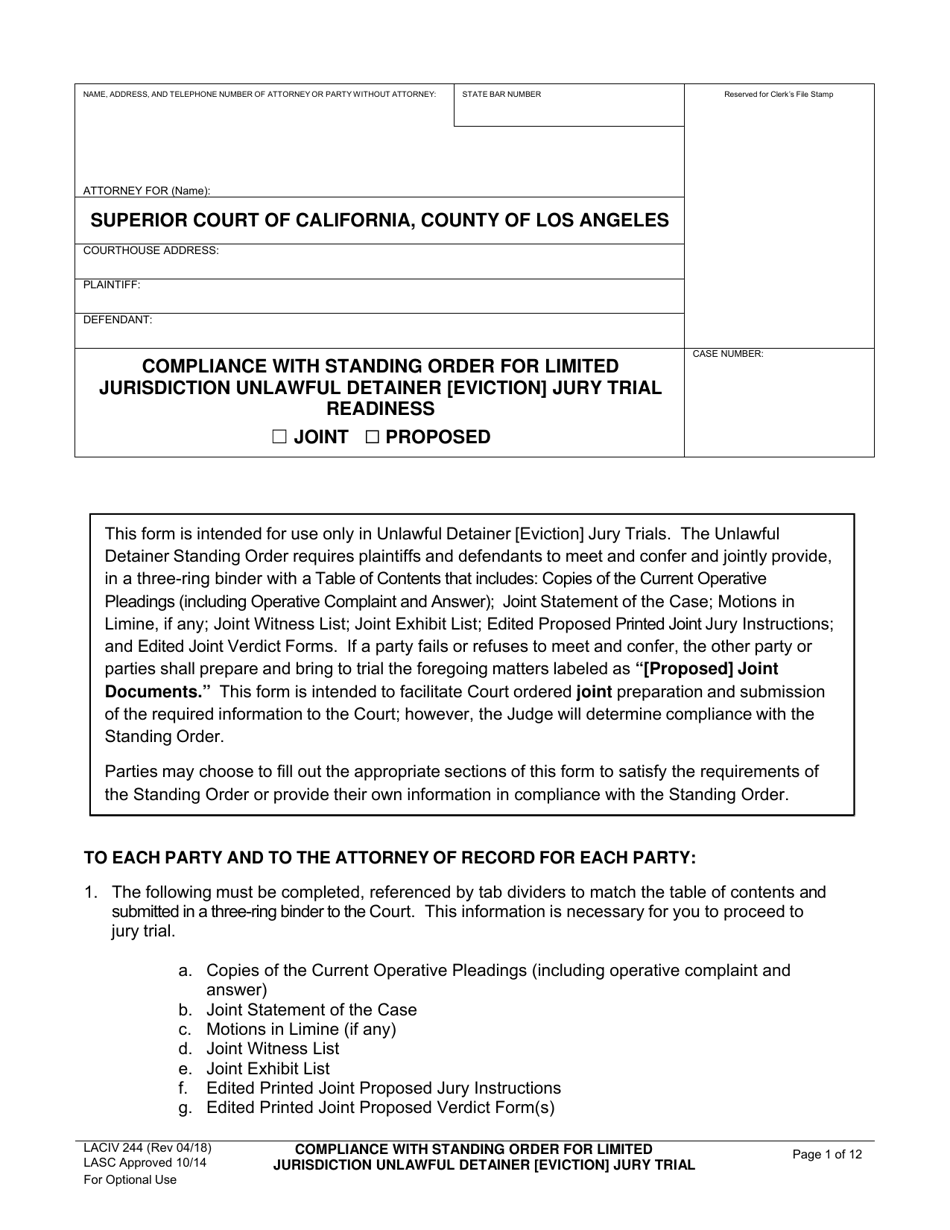 Form LACIV244 Compliance With Standing Order for Limited Jurisdiction Unlawful Detainer (Eviction) Jury Trial Readiness - County of Los Angeles, California, Page 1