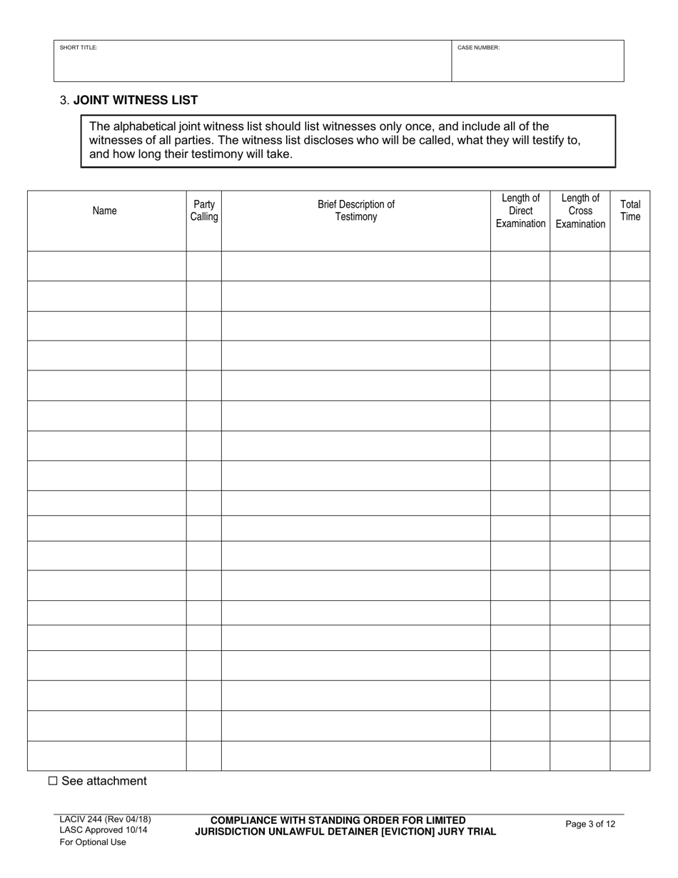 Form LACIV244 Compliance With Standing Order for Limited Jurisdiction Unlawful Detainer (Eviction) Jury Trial Readiness - County of Los Angeles, California, Page 3