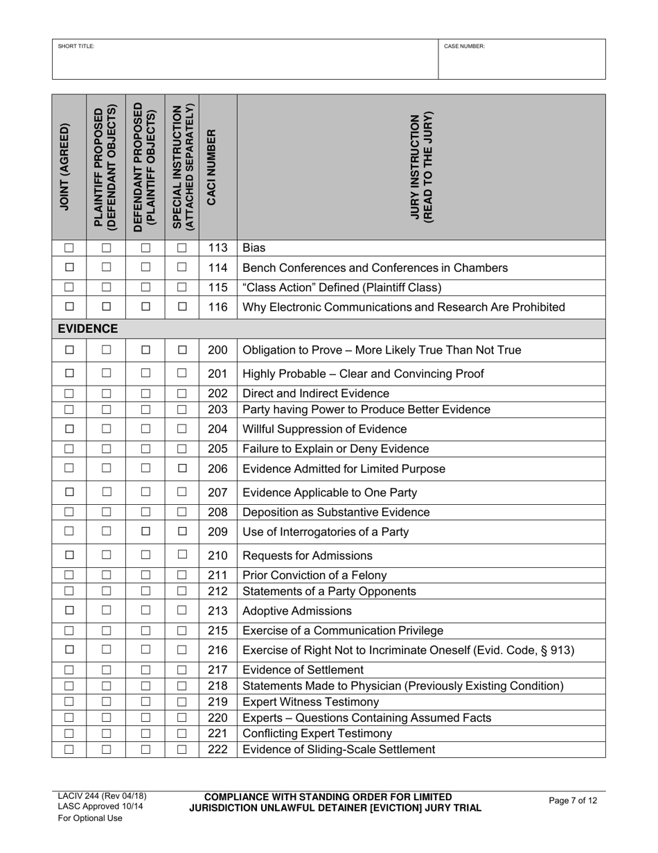 Form LACIV244 Compliance With Standing Order for Limited Jurisdiction Unlawful Detainer (Eviction) Jury Trial Readiness - County of Los Angeles, California, Page 7