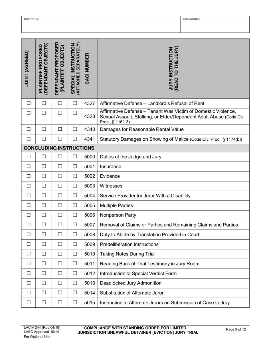 Form LACIV244 Compliance With Standing Order for Limited Jurisdiction Unlawful Detainer (Eviction) Jury Trial Readiness - County of Los Angeles, California, Page 9