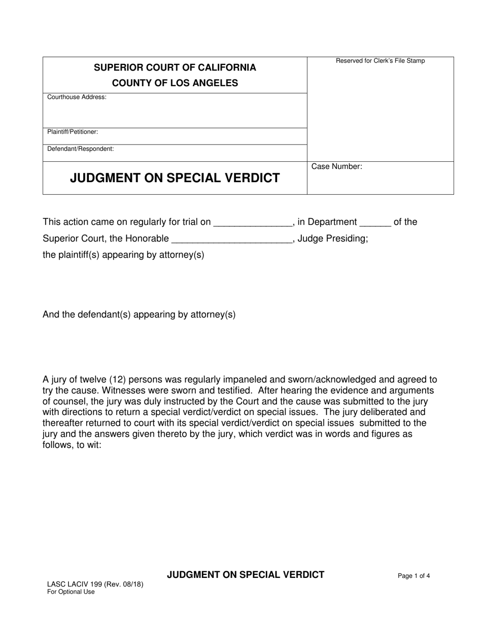 Form LASC LACIV199 Judgment on Special Verdict - County of Los Angeles, California, Page 1