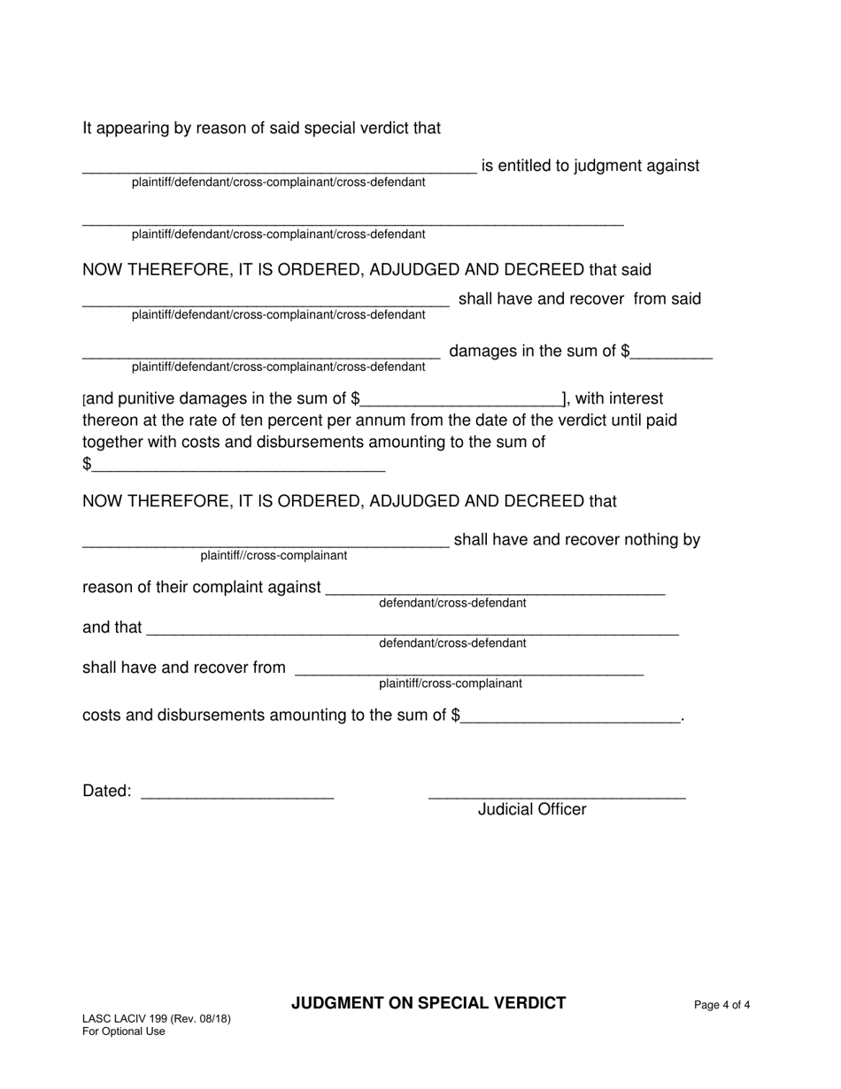 Form LASC LACIV199 Judgment on Special Verdict - County of Los Angeles, California, Page 4
