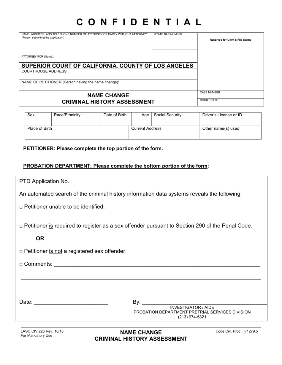 Form LASC CIV226 Name Change Criminal History Assessment - County of Los Angeles, California, Page 1