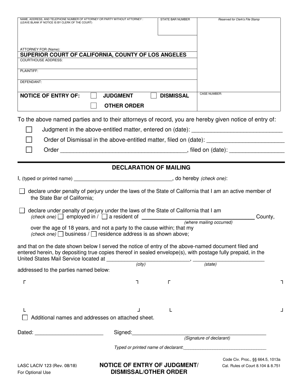 Form LASC LACIV123 Notice of Entry of Judgment / Dismissal / Other Orders - County of Los Angeles, California, Page 1