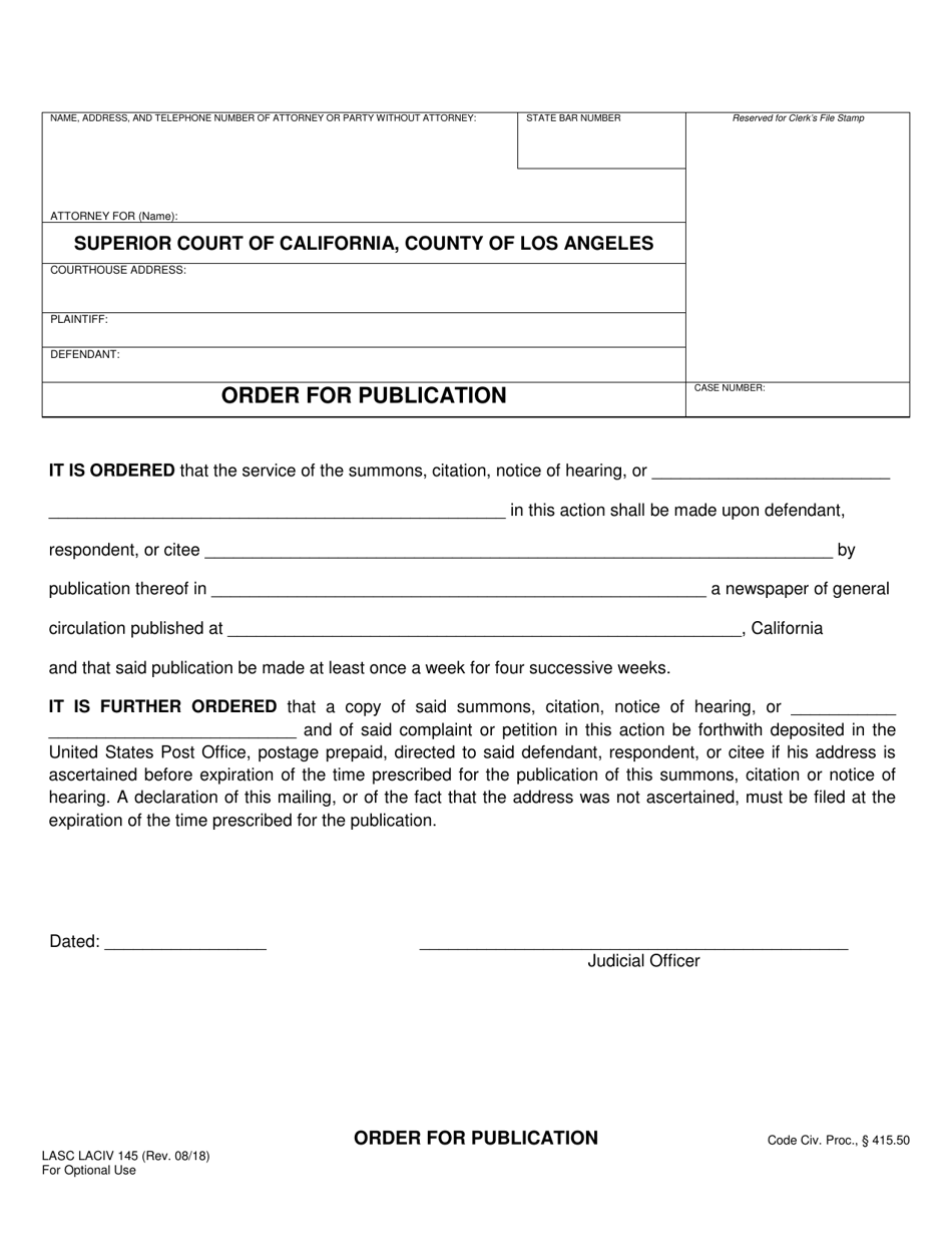 Form LASC LACIV145 Order for Publication - County of Los Angeles, California, Page 1