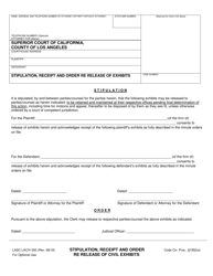 Document preview: Form LASC LACIV050 Stipulation, Receipt and Order Re Release of Exhibits - County of Los Angeles, California