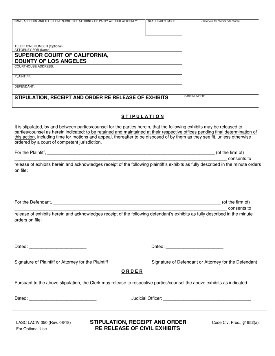 Form LASC LACIV050 Stipulation, Receipt and Order Re Release of Exhibits - County of Los Angeles, California, Page 1