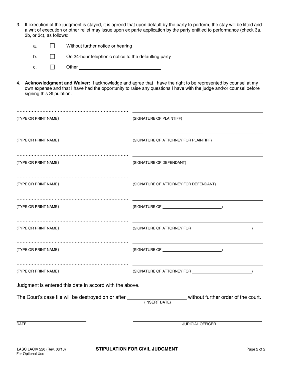 Form LASC LACIV220 - Fill Out, Sign Online and Download Fillable PDF ...