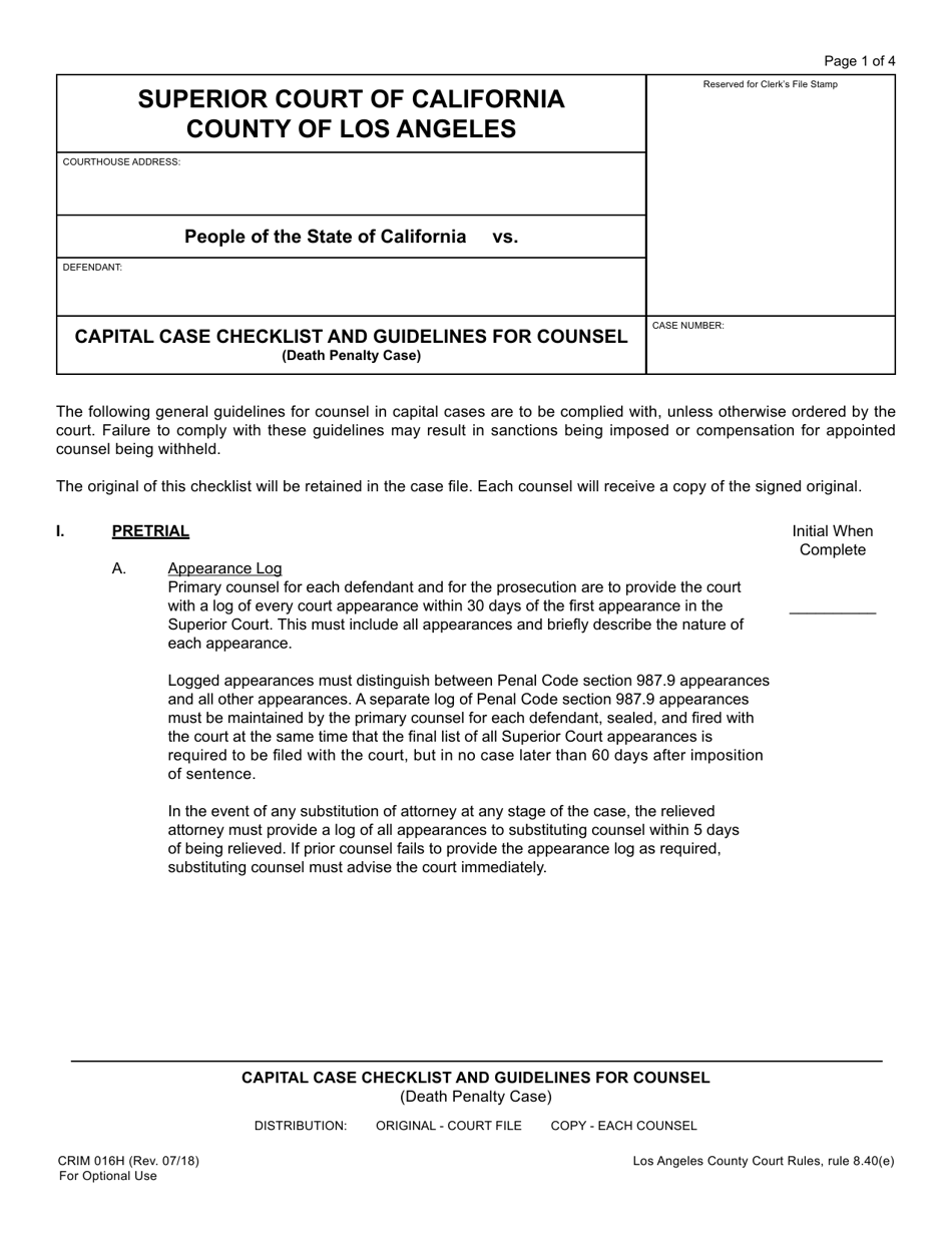 Form CRIM016H Capital Case Checklist and Guidelines for Counsel (Death Penalty Case) - County of Los Angeles, California, Page 1