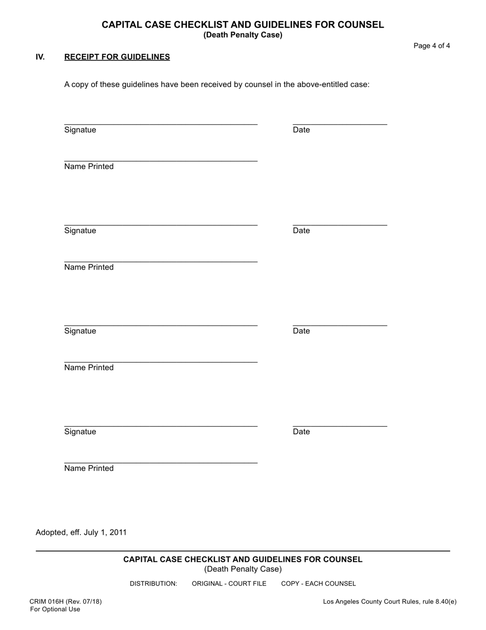 Form CRIM016H Capital Case Checklist and Guidelines for Counsel (Death Penalty Case) - County of Los Angeles, California, Page 4