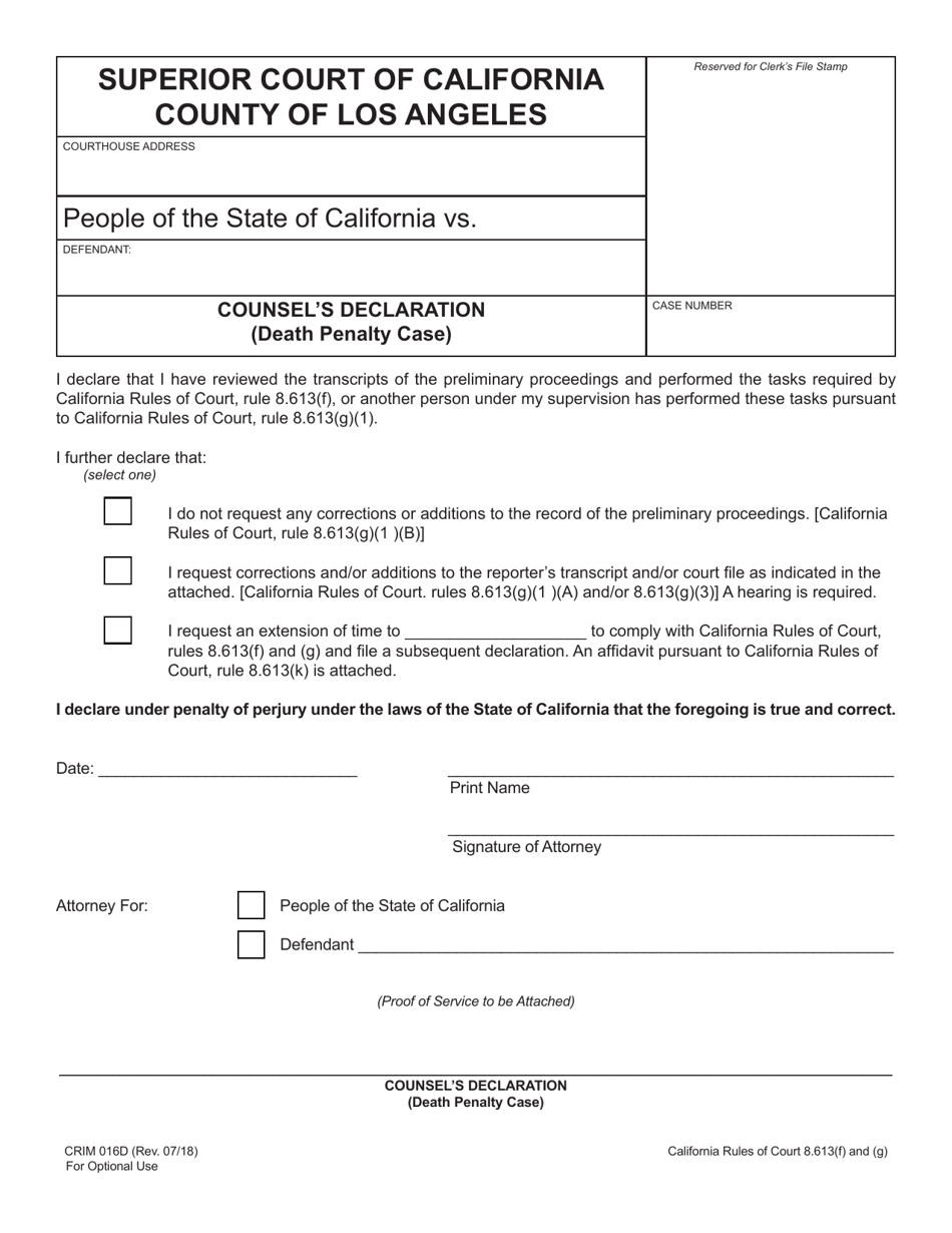 Form CRIM016D Counsels Declaration (Death Penalty Case) - County of Los Angeles, California, Page 1
