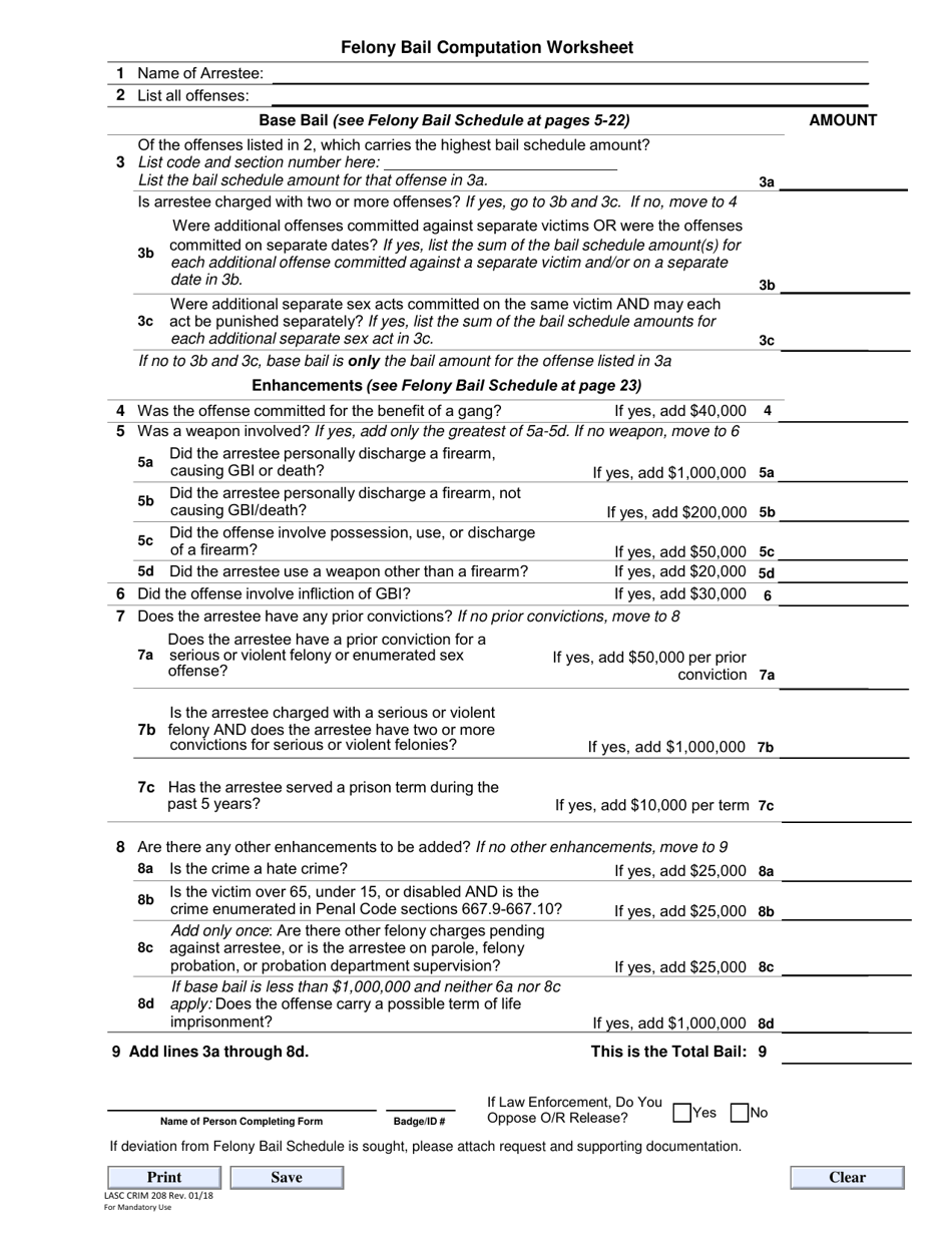 Form LASC CRIM208 Felony Bail Computation Worksheet - County of Los Angeles, California, Page 1