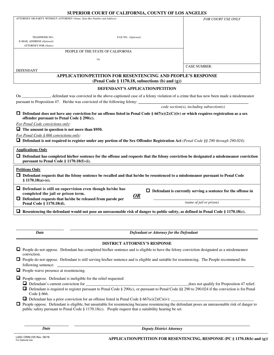 Form LASC CRIM235 Application / Petition for Resentencing and Peoples Response - County of Los Angeles, California, Page 1