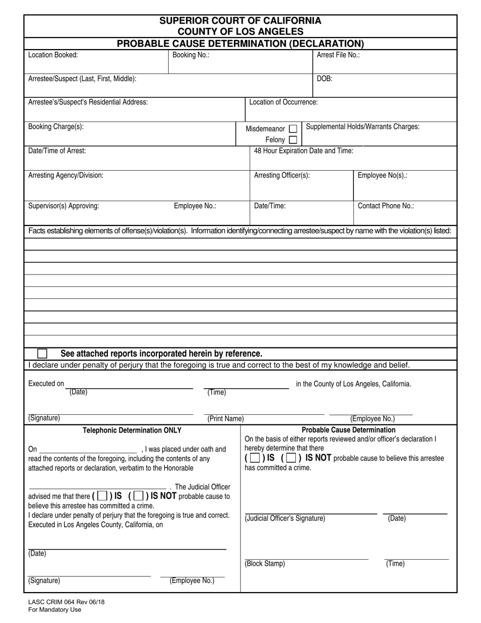 Form LASC CRIM064 Probable Cause Determination (Declaration) - County of Los Angeles, California, Page 1