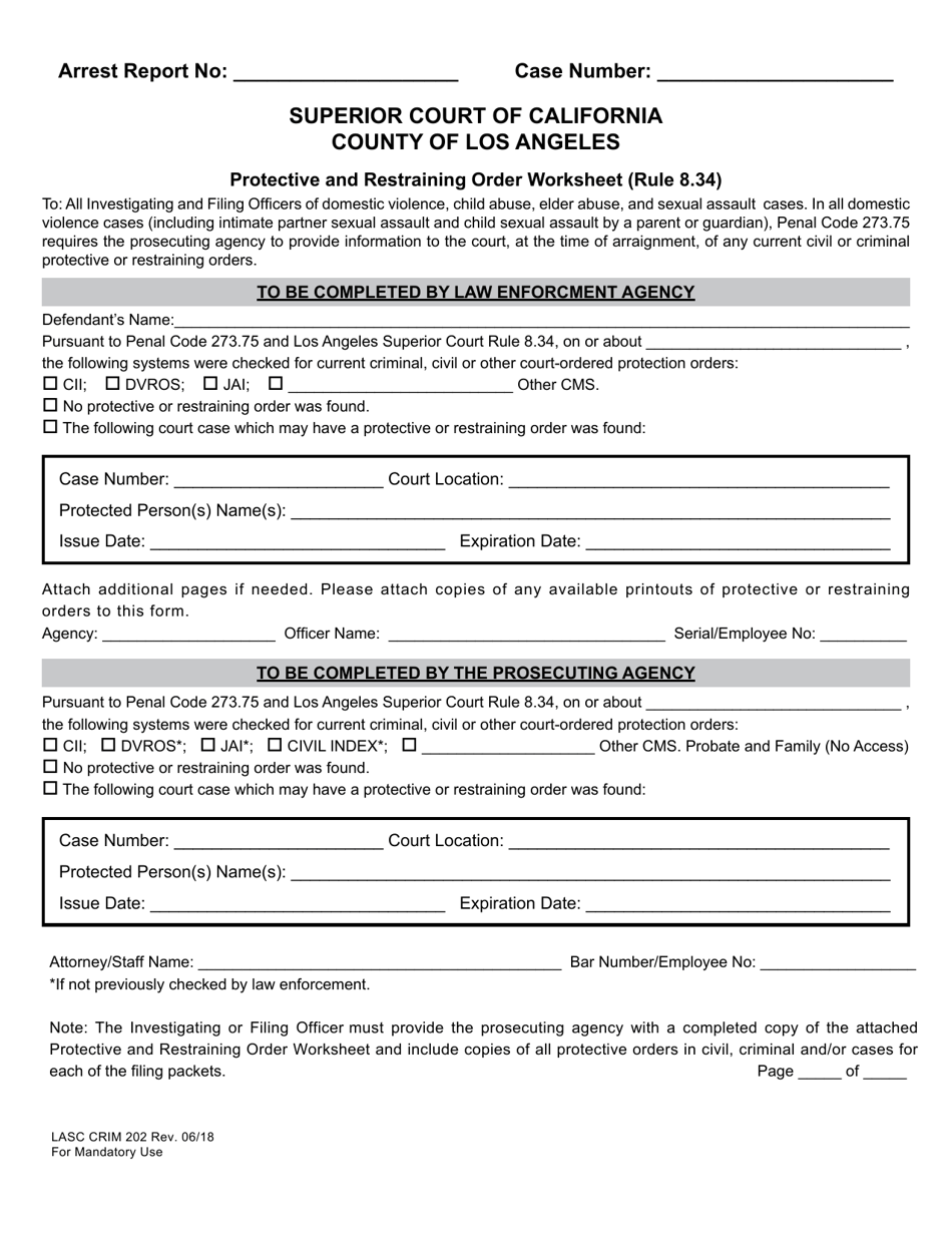 Form LASC CRIM202 Protective and Restraining Order Worksheet - County of Los Angeles, California, Page 1
