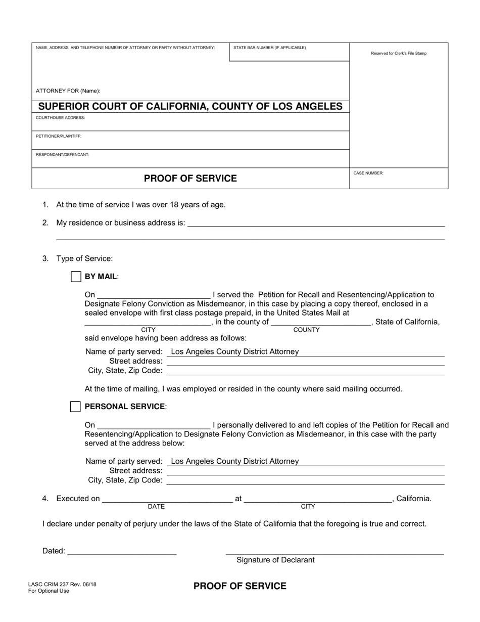 Form LASC CRIM237 Proof of Service - County of Los Angeles, California, Page 1