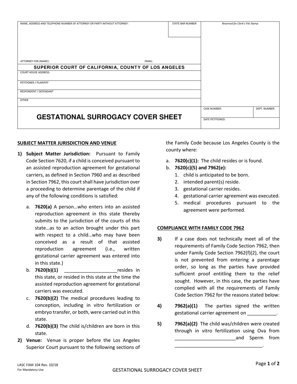 Form LASC FAM104 Gestational Surrogacy Cover Sheet - County of Los Angeles, California, Page 1