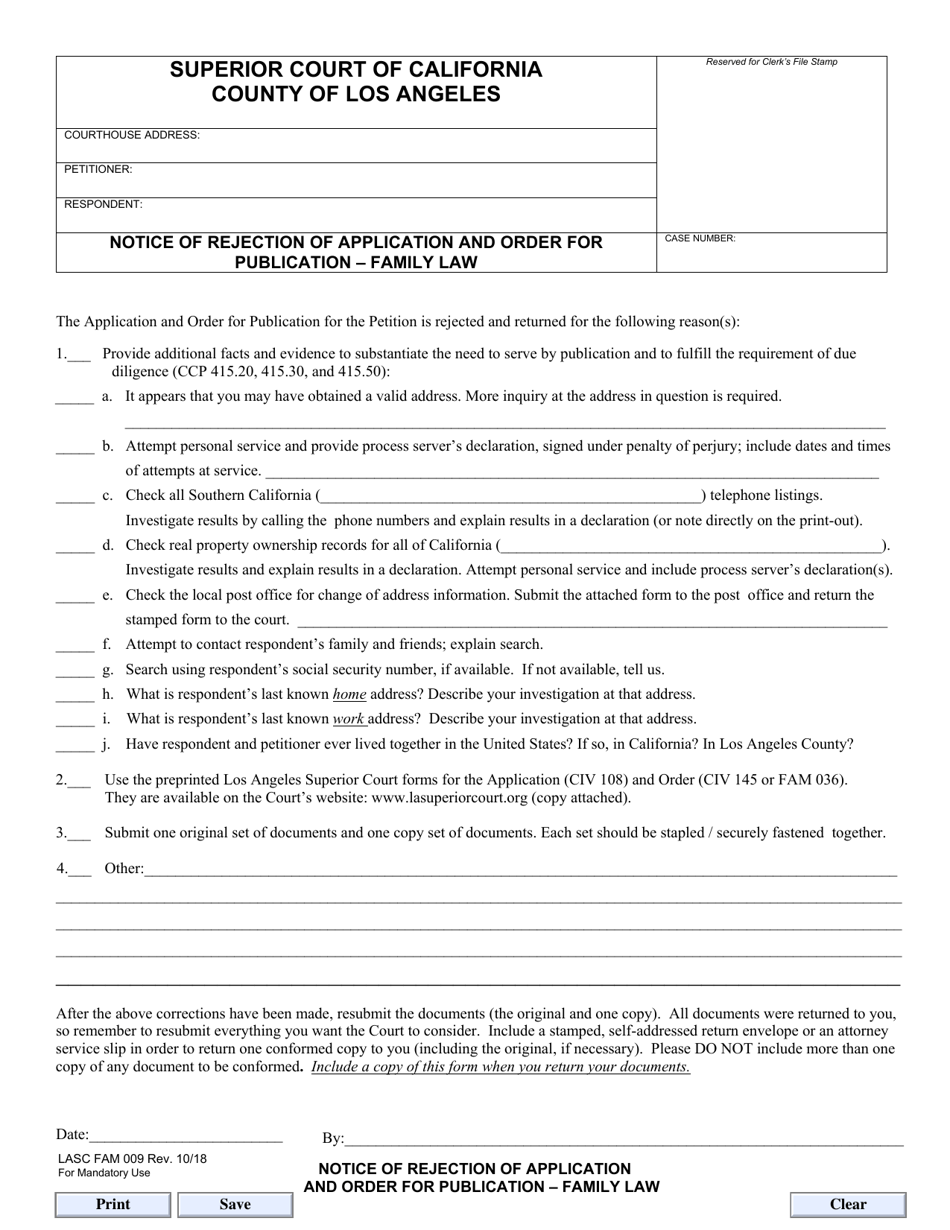 Form FAM009 Notice of Rejection of Application and Order for Publication - Family Law - County of Los Angeles, California, Page 1