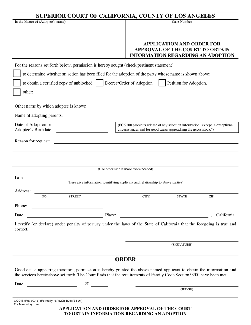 Form CK048 Application and Order for Approval of the Court to Obtain Information Regarding an Adoption - County of Los Angeles, California, Page 1