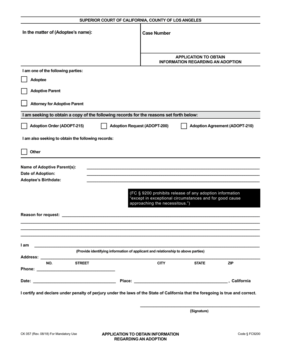 Form CK057 Application to Obtain Information Regarding an Adoption - County of Los Angeles, California, Page 1