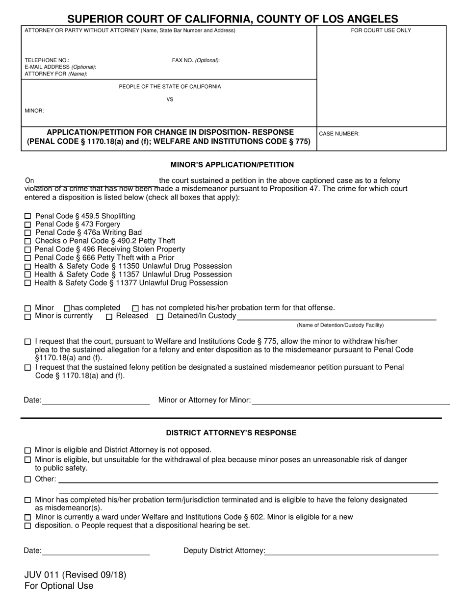 Form JUV011 Application / Petition for Change in Disposition - Response - County of Los Angeles, California, Page 1