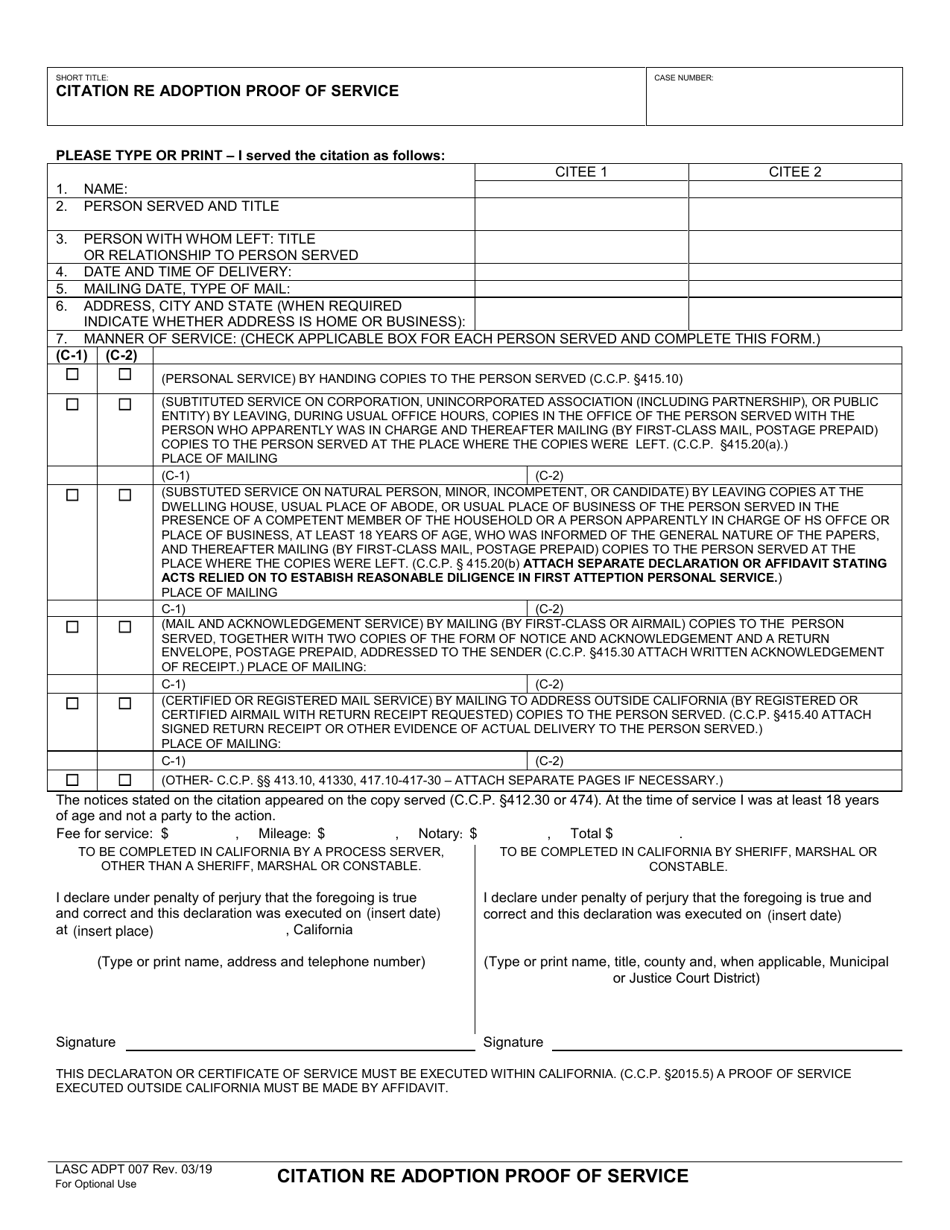 Form ADPT007 Citation Re Adoption Proof of Service - County of Los Angeles, California, Page 1