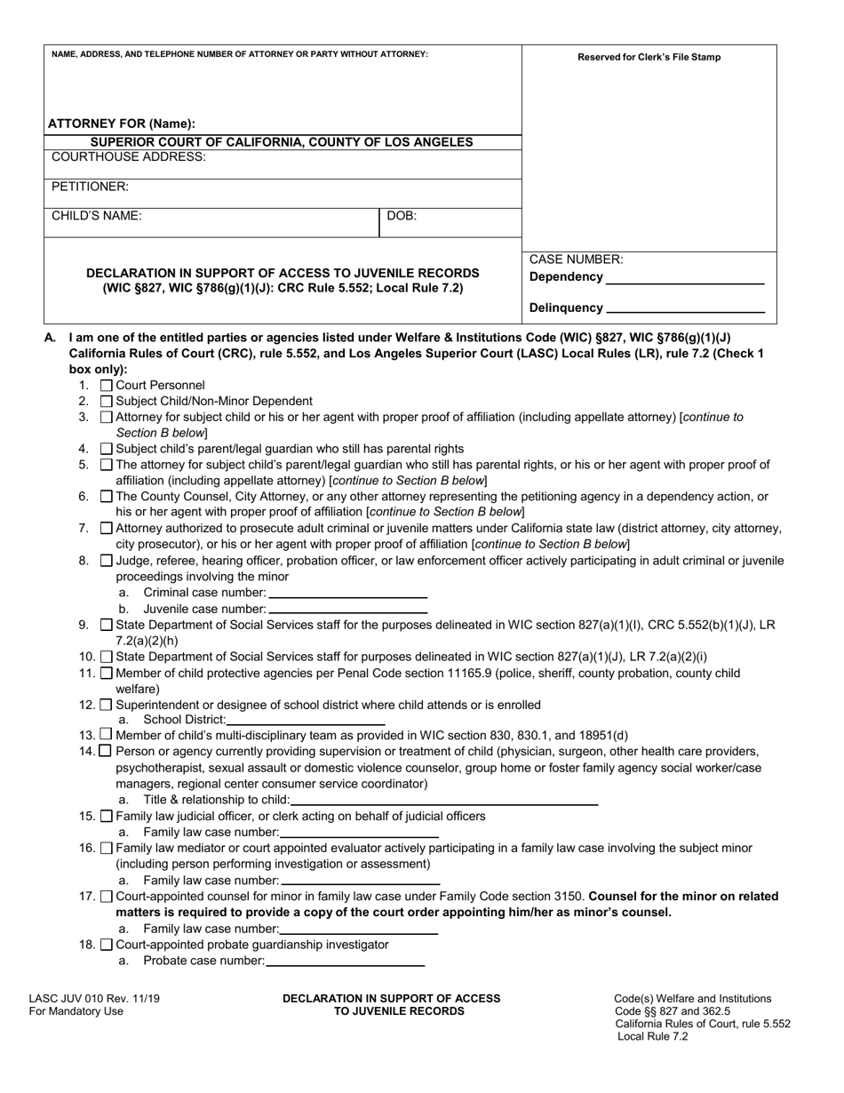 Form JUV010 Declaration in Support of Access to Juvenile Records - County of Los Angeles, California, Page 1