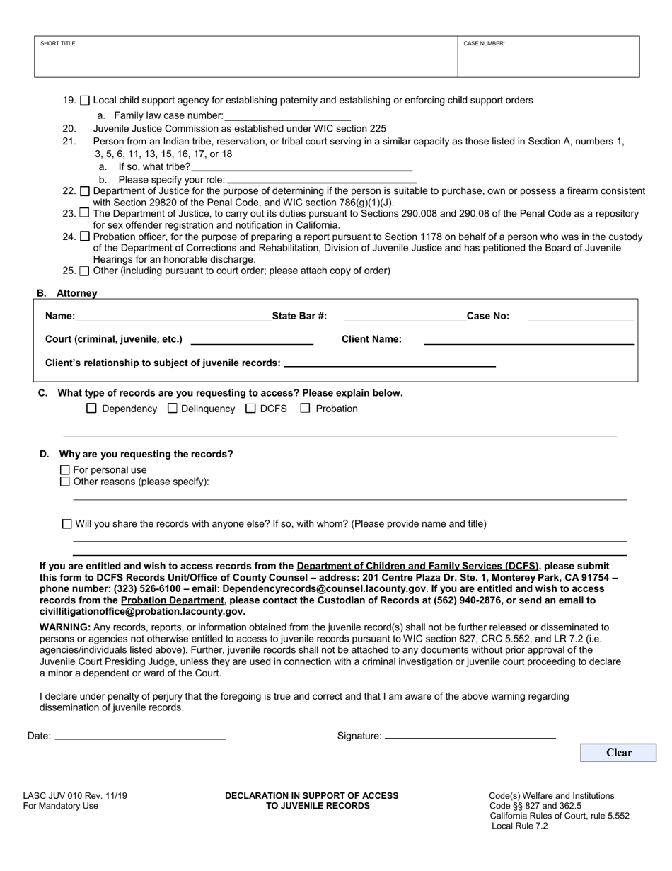 Form JUV010 - Fill Out, Sign Online and Download Fillable PDF, County ...