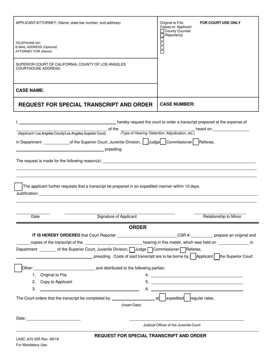 Form JUV005 Request for Special Transcript and Order - County of Los Angeles, California, Page 1