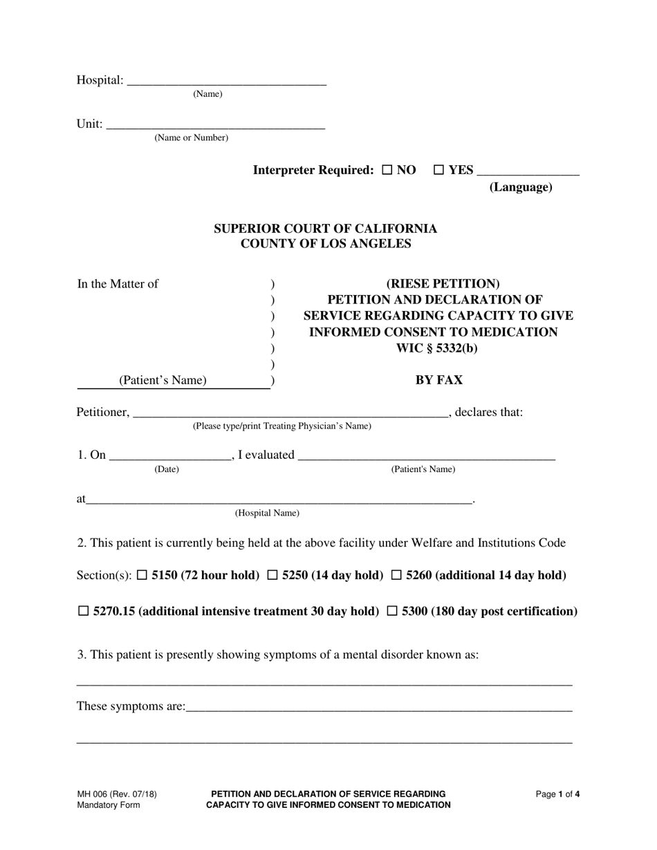 Form MH006 Petition and Declaration of Service Regarding Capacity to Give Informed Consent to Medication (Riese Petition) - County of Los Angeles, California, Page 1