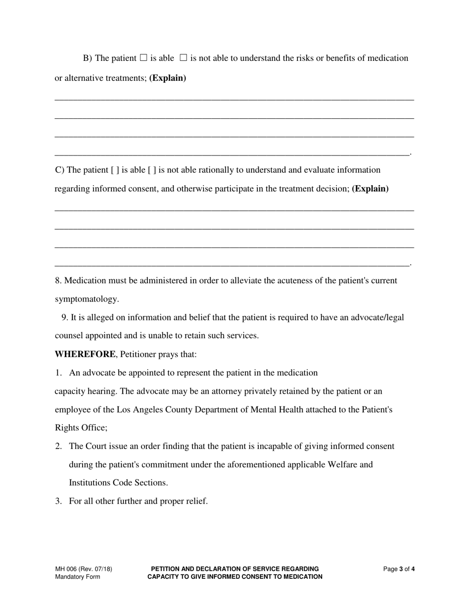 Form MH006 Petition and Declaration of Service Regarding Capacity to Give Informed Consent to Medication (Riese Petition) - County of Los Angeles, California, Page 3