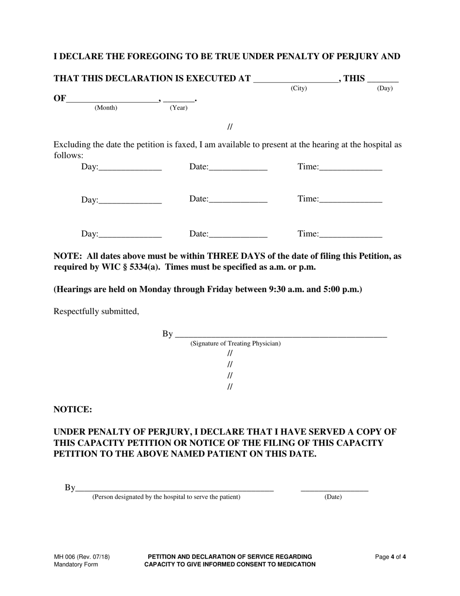 Form MH006 Petition and Declaration of Service Regarding Capacity to Give Informed Consent to Medication (Riese Petition) - County of Los Angeles, California, Page 4