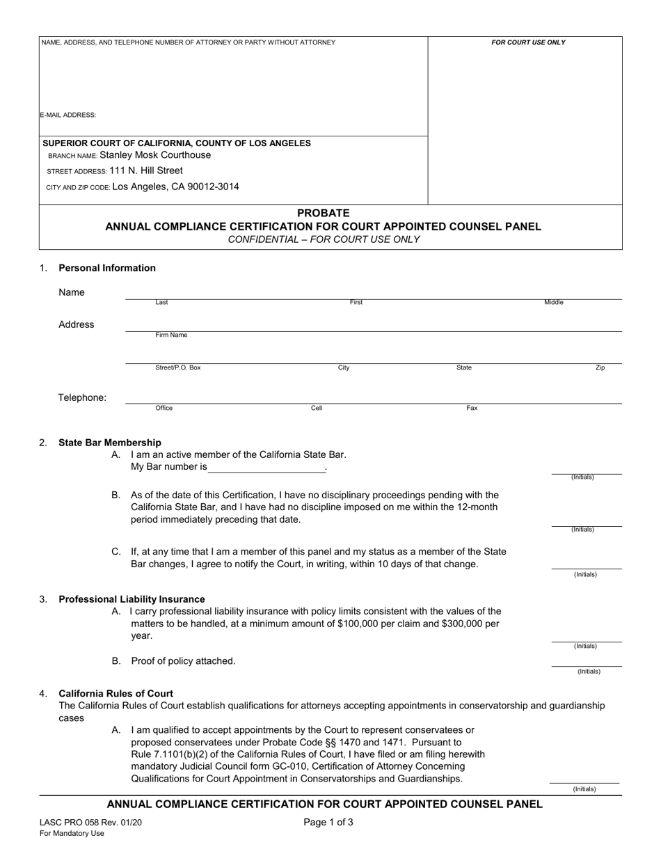 Form PRO058 Annual Compliance Certification for Court Appointed Counsel Panel - Probate - County of Los Angeles, California, Page 1