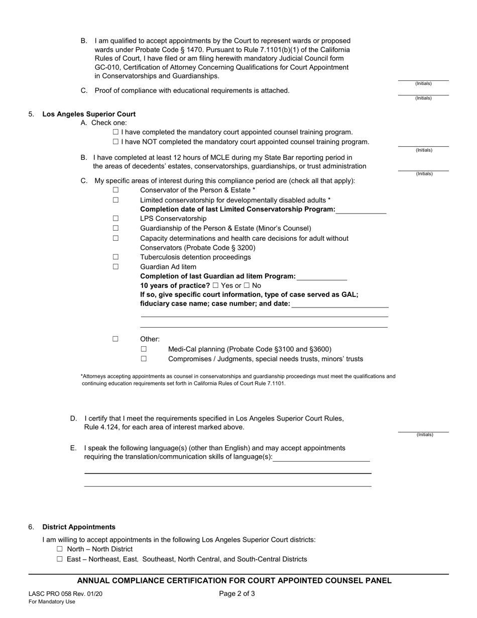 Form PRO058 Annual Compliance Certification for Court Appointed Counsel Panel - Probate - County of Los Angeles, California, Page 2